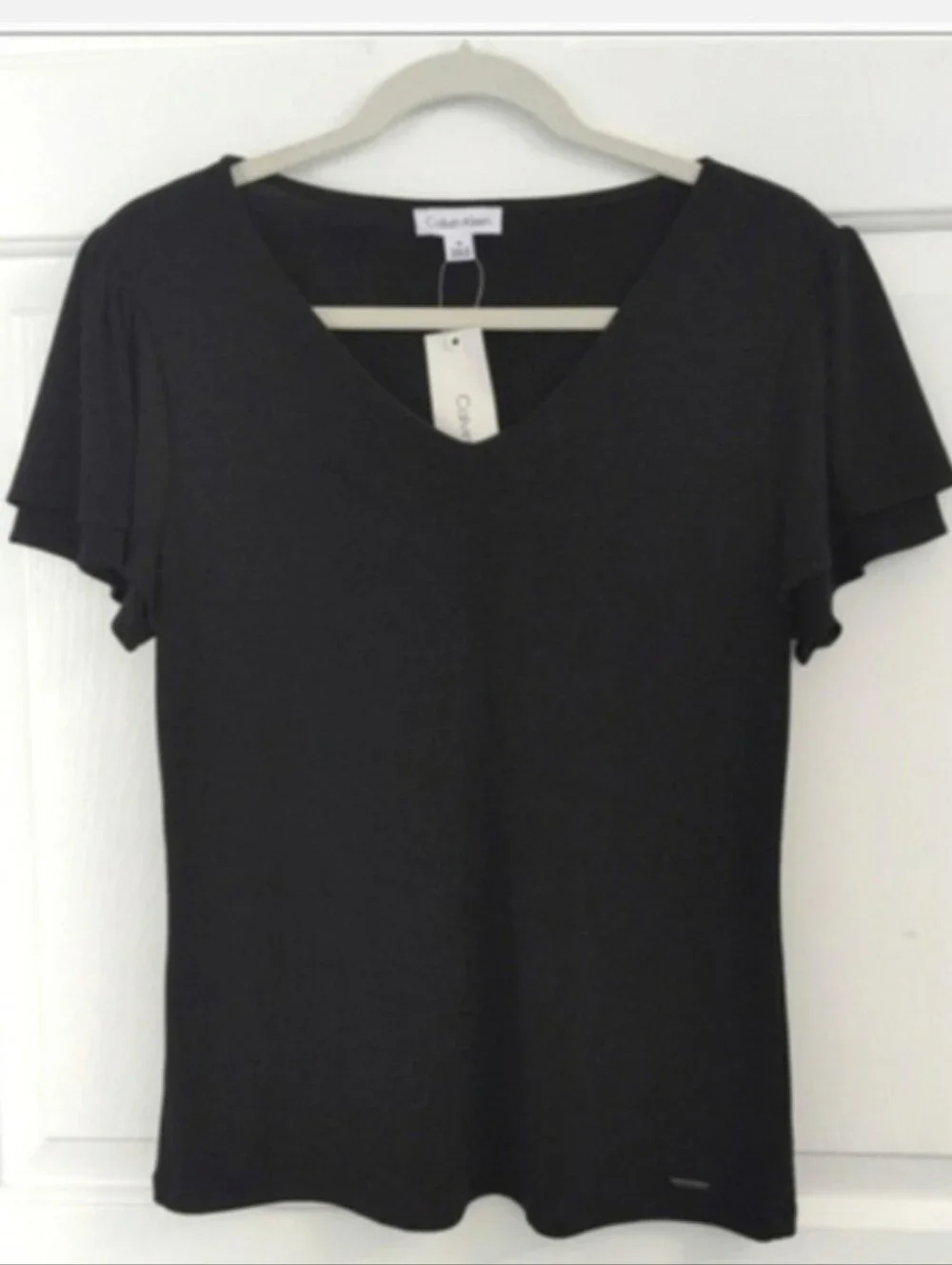 Classic Black Dressy Calvin Klein V-Neck Flutter Sleeve Top Medium - Picture 3 of 10